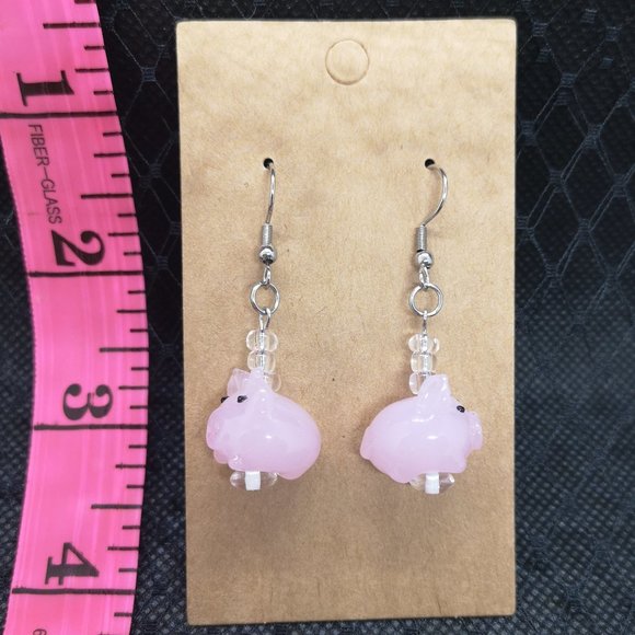 NEW - Adorable Glass Pink Piggy Beaded Earrings Stainless Steel - One of a Kind - Picture 3 of 6